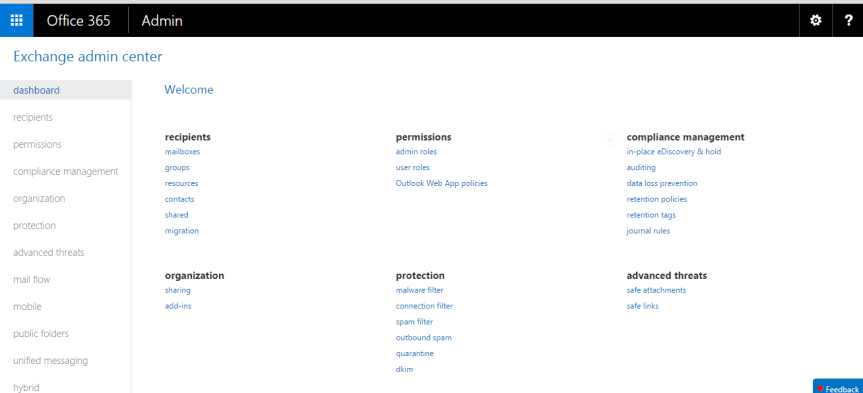 Exchnage admin centre
